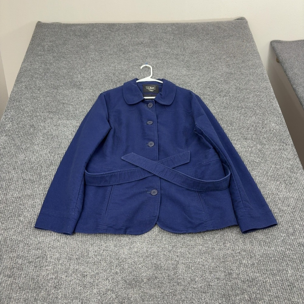 L.L.Bean Jacket Womens L Blue Cotton Belted Peplum Utility Casual Coat
